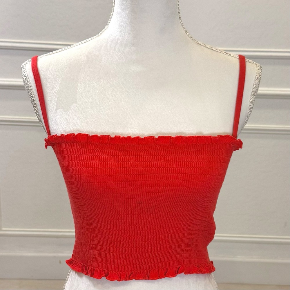 Forever 21 Red Smocked Ruffle Trim Spaghetti‎ Strap Crop Top Size Small